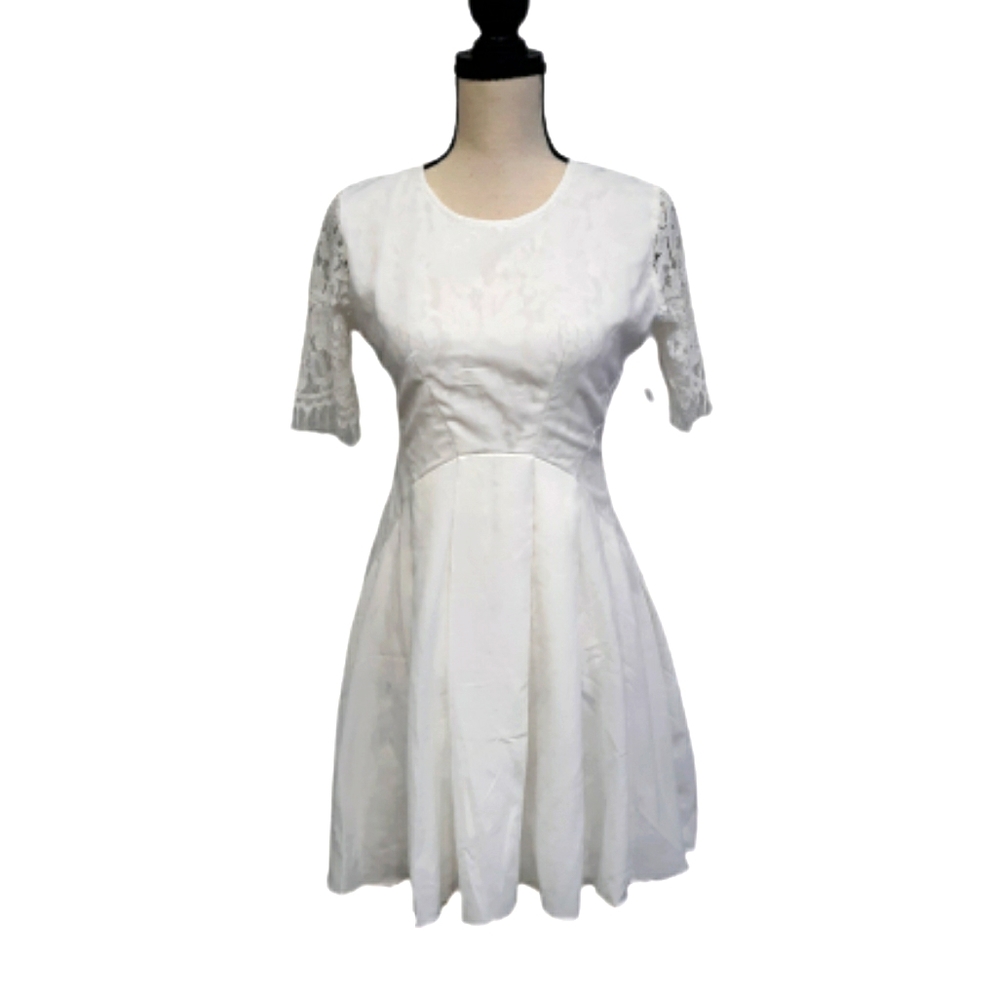 Zeagoo White Lace Lined Flare Dress sz Small